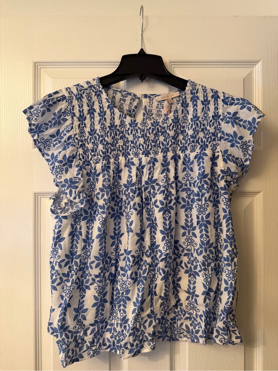Skies Are Blue Tops - Skies Are Blue White and Blue Floral Smocked Blouse